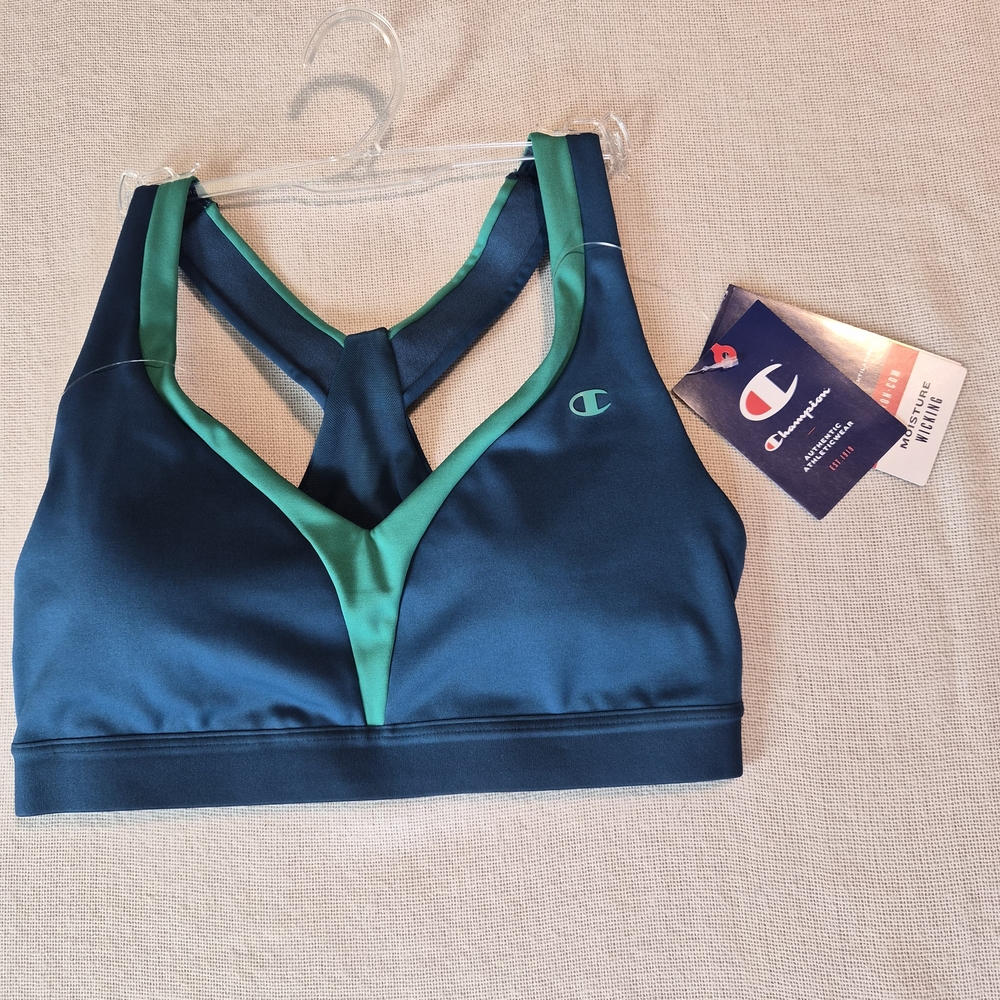 NWT Champion Moderate Support Sports Bra | Teal/Navy & Green Criss-Cross Back